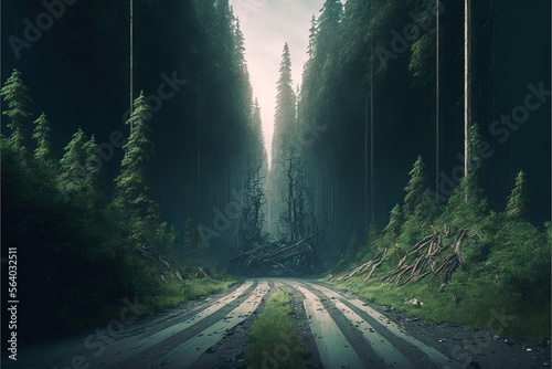  a dirt road in a forest with trees on both sides of it and a forest on the other side of the road with a lot of trees on both sides of it and a road. Generative AI