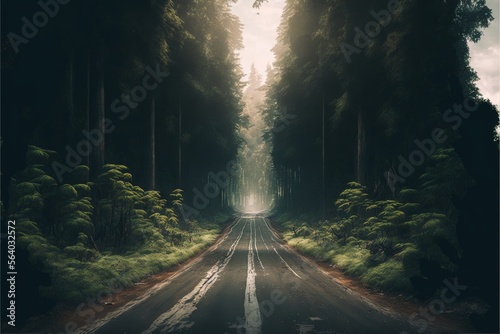  a road in the middle of a forest with trees on both sides of it and a sky background with clouds and sun shining through the trees and a long line of the road. Generative AI