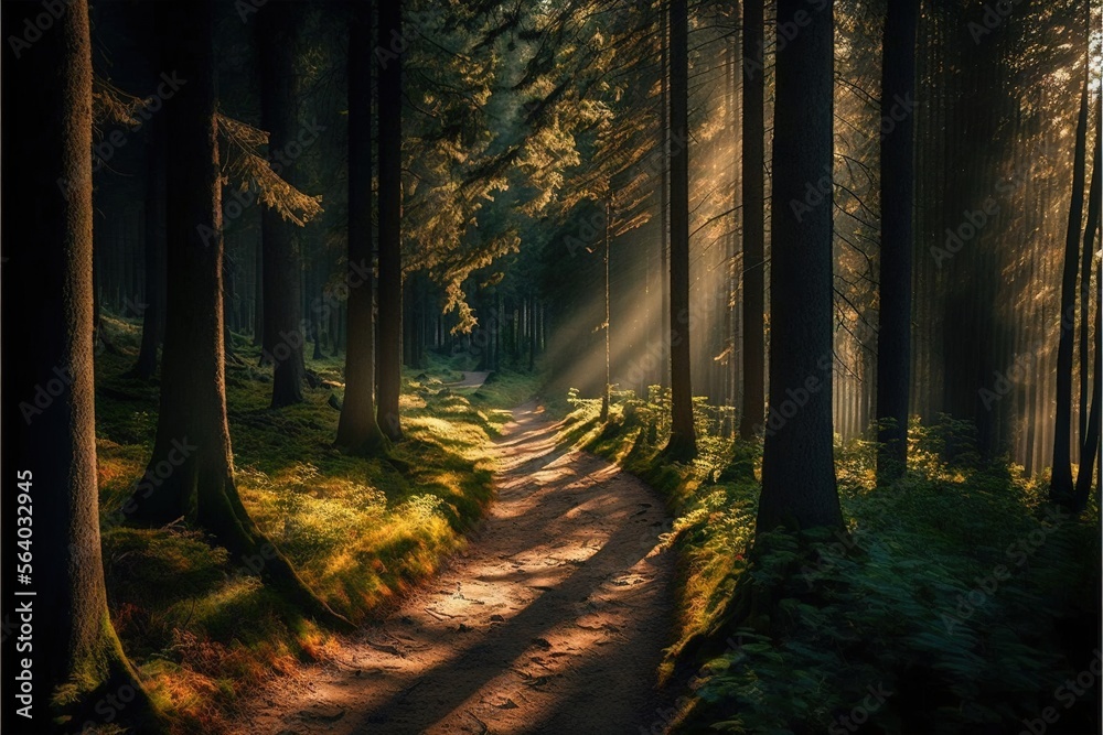 a path in the woods with sun shining through the trees and grass on the ground and on the ground, with a path in the middle of the woods with sun shining through the trees. Generative AI
