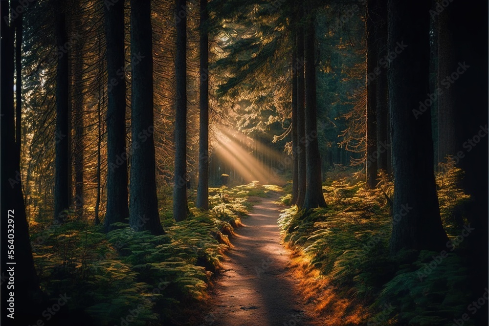  a path in the woods with a light shining through the trees on the side of it and a trail leading to the light at the end of the woods with a trail in the middle. Generative AI