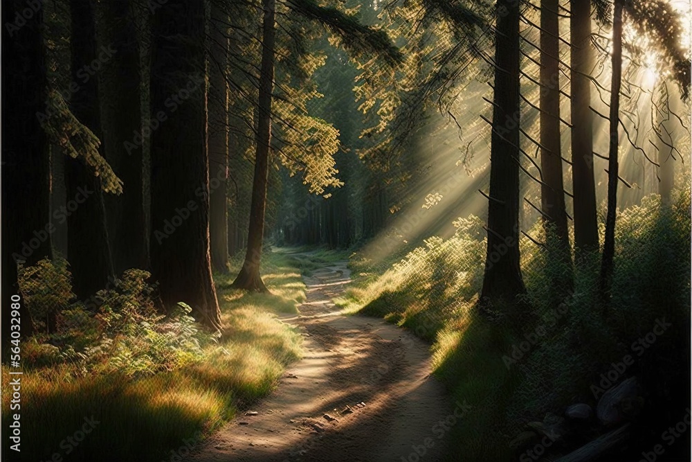 Obraz premium a path in the woods with sunbeams shining through the trees and grass on the ground, with a trail leading to the woods with a trail in the distance, with a trail,. Generative AI
