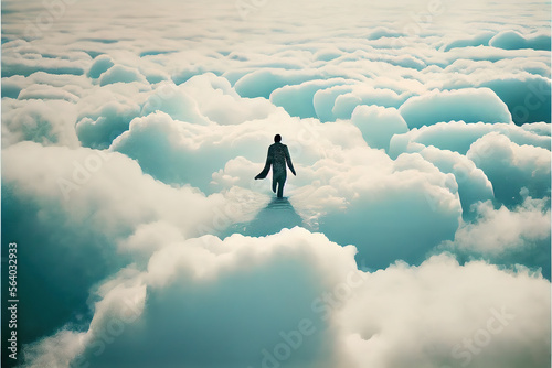 A person with a surreal, dreamlike appearance, floating in a sea of clouds.  Imaginative self-expression and freedom. Generative AI