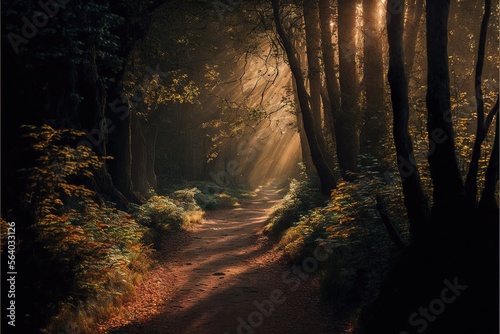  a path in the woods with sunbeams shining through the trees and leaves on the ground and on the ground  with a trail leading to the woods with yellow flowers and yellow leaves. Generative AI