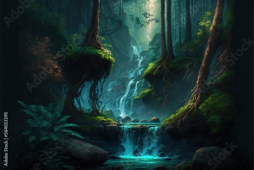  a painting of a waterfall in a forest with trees and rocks in the foreground and a stream running through the middle of the forest  with a waterfall in the foreground. Generative AI