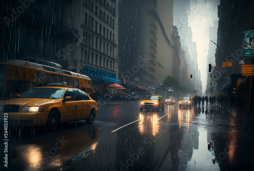 city taxi in the rain at night. new york city, usa,generative ai,