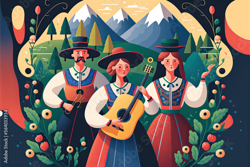 Mountains musicians playing folk songs, High Tatras Slovak folk musicians, singer, guitar, trumpet, Generative ai photo
