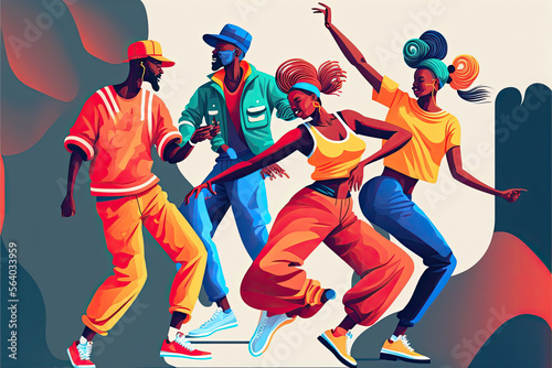 Professional african street dancers in bright outfits, celebrating by dance, dancers perform energetic expressive street dance, generative ai