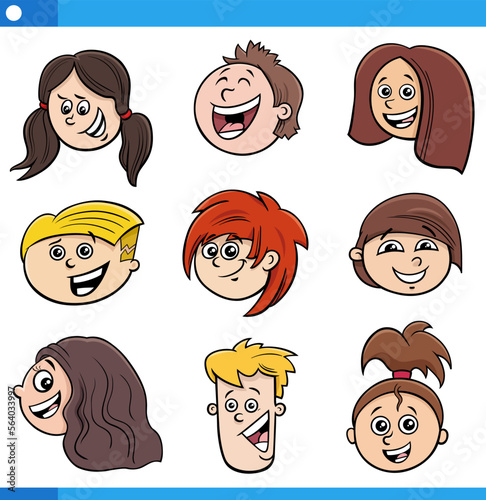 cartoon children or teenagers characters faces set