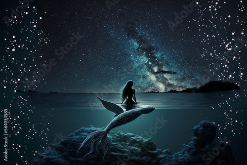 Generative AI of a mermaid under the starry sky. 