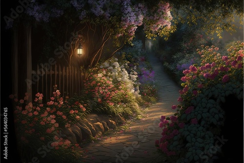  a painting of a pathway with flowers and a light on it at night time, with a fence and gate in the background, and a path leading to a garden with flowers and a light. Generative AI