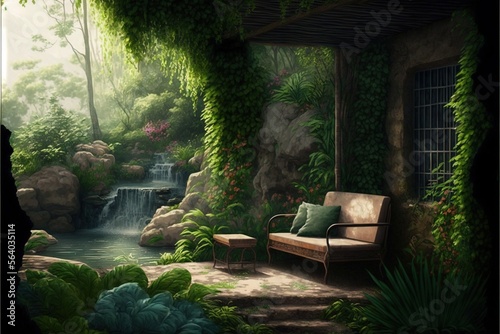  a painting of a garden with a waterfall and a couch in the foreground and a window to the right of the picture, and a waterfall in the background, a stone wall. Generative AI