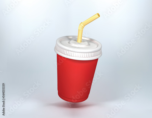 soda in disposable cup 3d icon. cardboard cup with a straw for soda 3d vector illustration.
