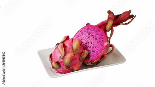 Pitahaya or dragon fruit is the fruit of the cactus.
White background.