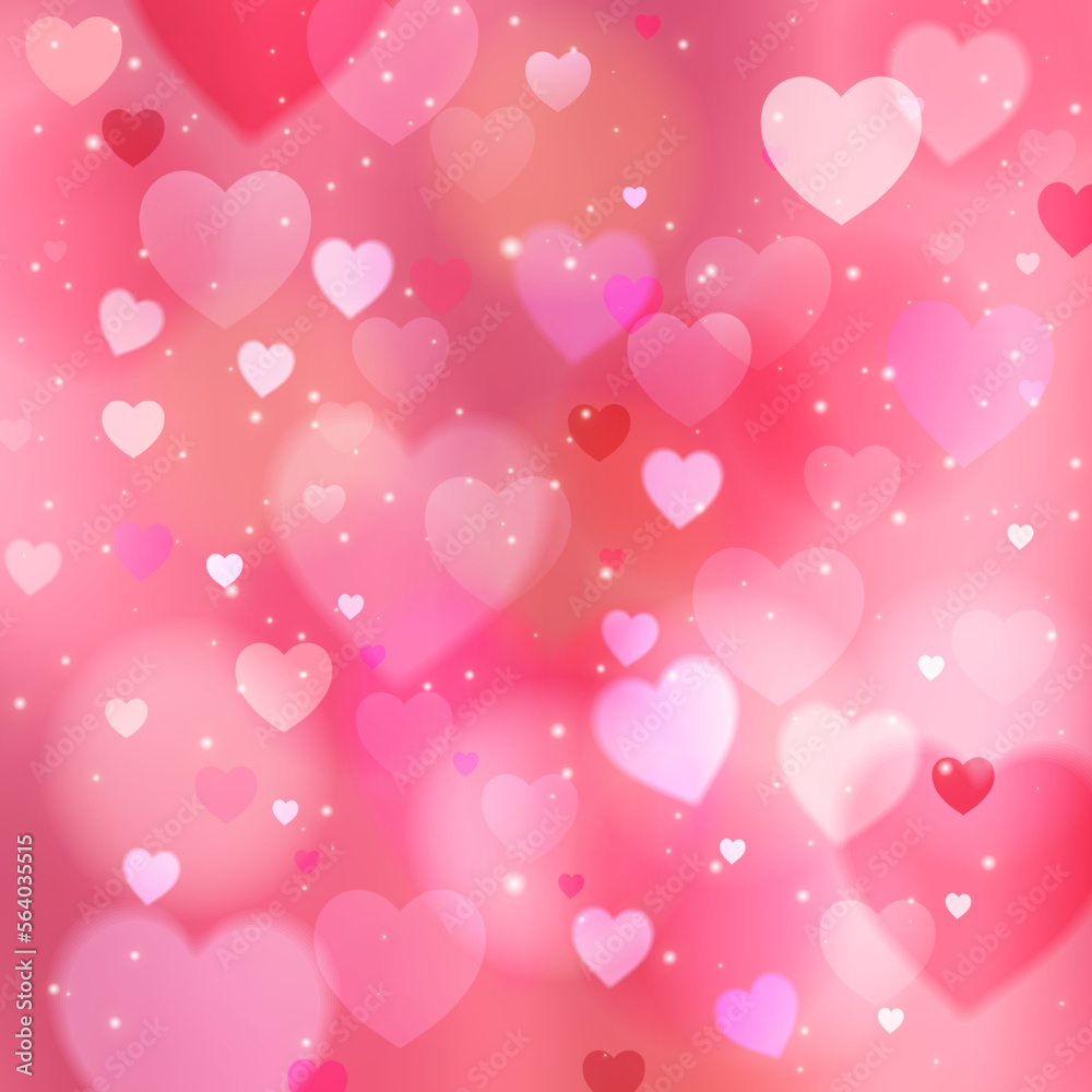 Pink sparkling heart background. Blurred bright Valentine's day wallpaper, colorful gradient vector.