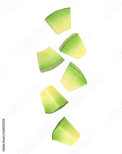 Slika na platnu Slices of cantaloupe melon falling in the air isolated on transparent background