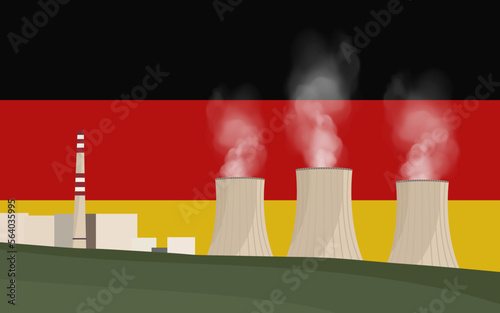 Nuclear power plant in Germany. Electricity generation production. Power station on Germany flag background. Nuclear power stations vector illustration