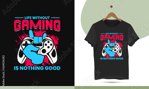 Gaming vector t-shirt design template with a gamepad, and controller. Video Games, mobile, and computer. Enjoy great gaming time with a grunge texture illustration shirt.