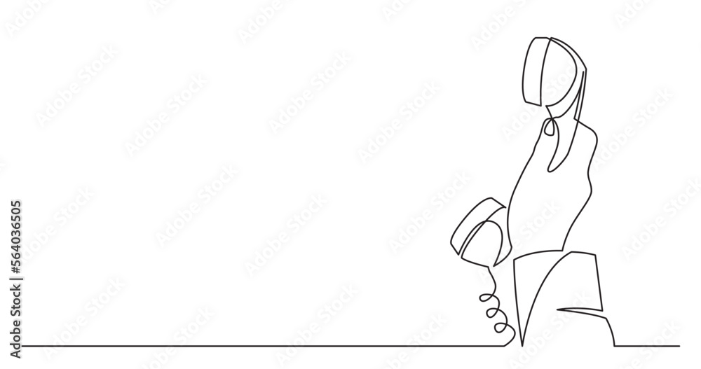 continuous line drawing vector illustration with FULLY EDITABLE STROKE of woman hand holding phone receiver answering phone call with copy space continuous line drawing vector illustration with FULLY EDITABLE STROKE of woman hand holding phone receiver answering phone call with copy space