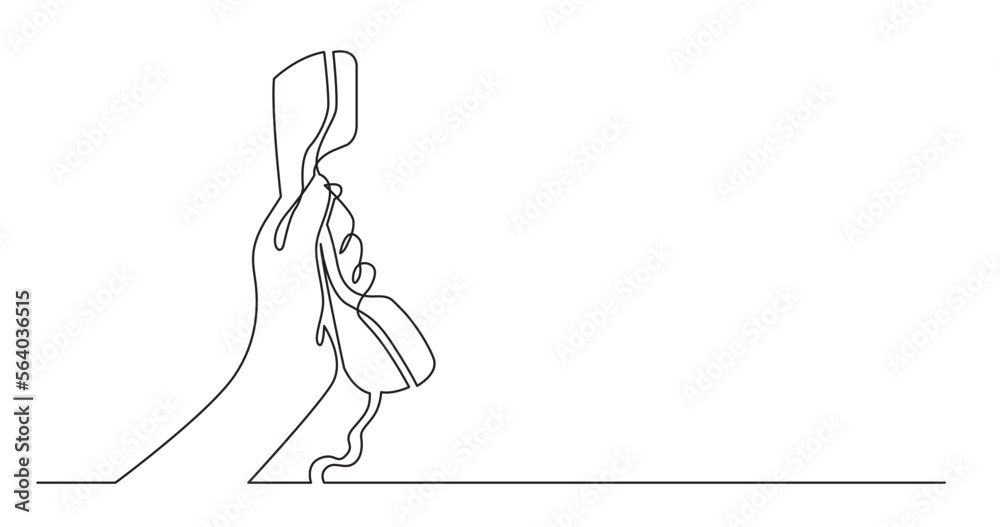 continuous line drawing vector illustration with FULLY EDITABLE STROKE of woman hand holding phone receiver to answer call with copy space continuous line drawing vector illustration with FULLY EDITABLE STROKE of woman hand holding phone receiver to answer call with copy space