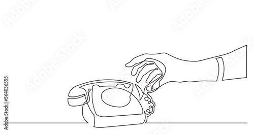 continuous line drawing vector illustration with FULLY EDITABLE STROKE of woman hand reaching phone to answer phone call with copy space