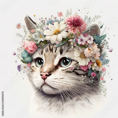 cat with flowers color art