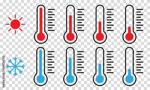 Set of thermometer symbols. Cold and hot temperature icons. Vector illustration isolated on transparent background
