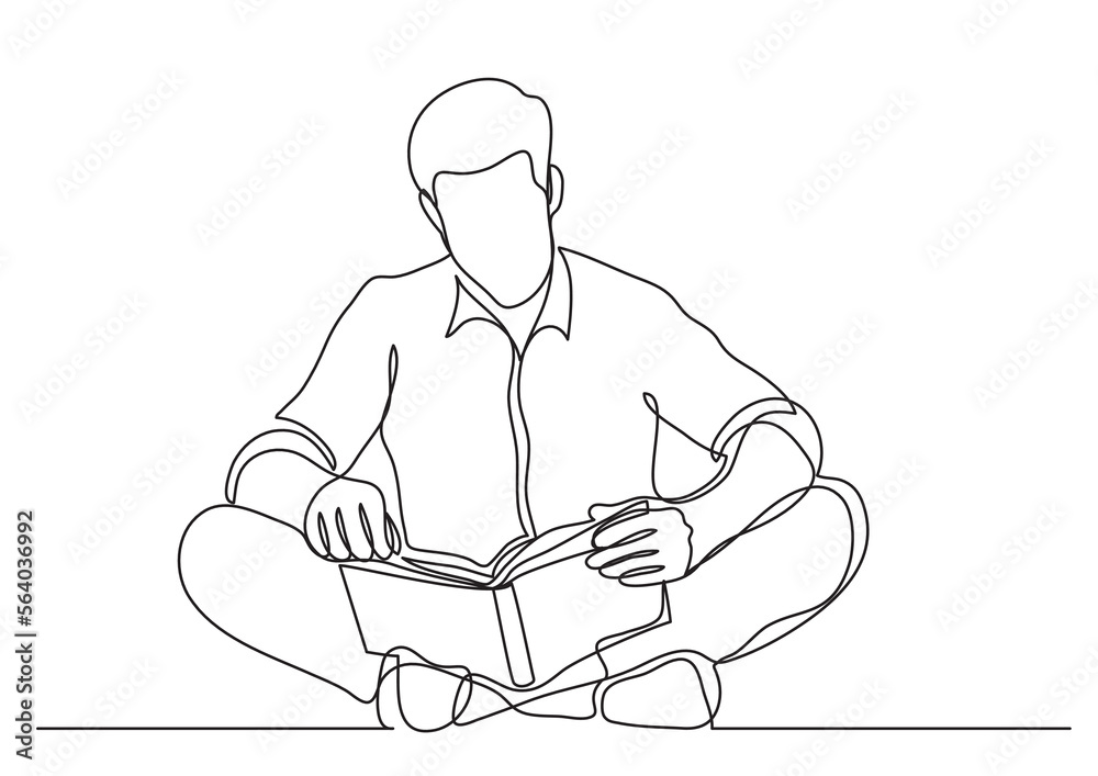 continuous line drawing vector illustration with FULLY EDITABLE STROKE of man sitting on floor  reading book
