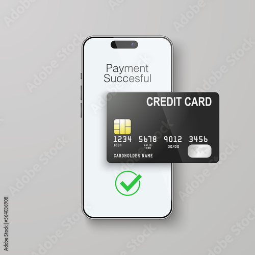 Vector 3d Realistic Smartphone and Credit Card, Wi-Fi Successful Payment. Concept of Payment for Purchases by Card, Online Shopping. Design Template, Bank POS Terminal, Mockup. Processing NFC Device