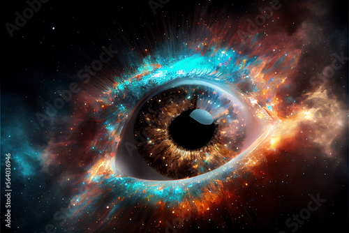 Close up Abstract eye concept looking on a nebula dust in infinite space background  photo