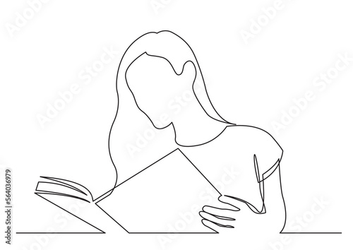 continuous line drawing vector illustration with FULLY EDITABLE STROKE of long hair woman reading book