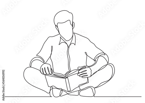 continuous line drawing vector illustration with FULLY EDITABLE STROKE of man sitting on floor  reading book