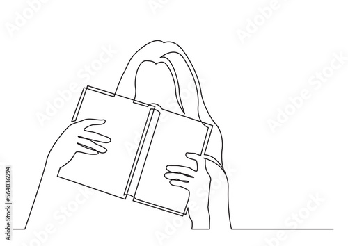 continuous line drawing vector illustration with FULLY EDITABLE STROKE of shy young woman hiding her face behind book
