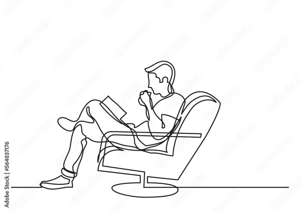 one line drawing man sitting in arm chair reading