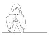 continuous line drawing vector illustration with FULLY EDITABLE STROKE of young woman focused reading book