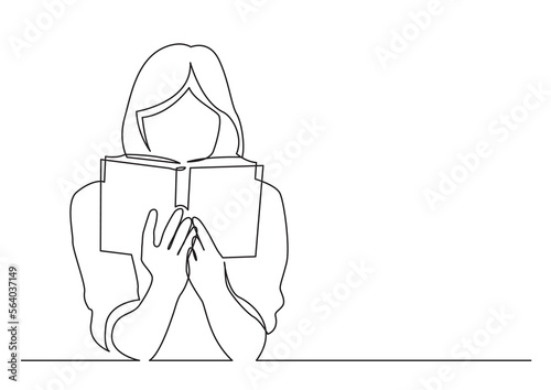 continuous line drawing vector illustration with FULLY EDITABLE STROKE of young woman focused reading book