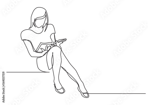 continuous line drawing vector illustration with FULLY EDITABLE STROKE of young woman sitting reading book