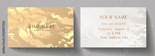 Invitation card with luxury gold marble texture in white color. Formal golden premium background template for invite design, prestigious Gift card, voucher or luxe name card