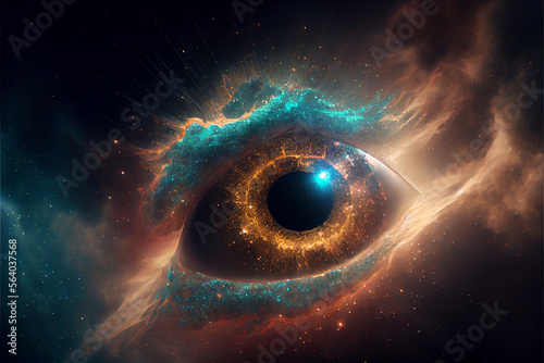 Abstract eye concept looking on a nebula dust in infinite space background . Mixed media. photo