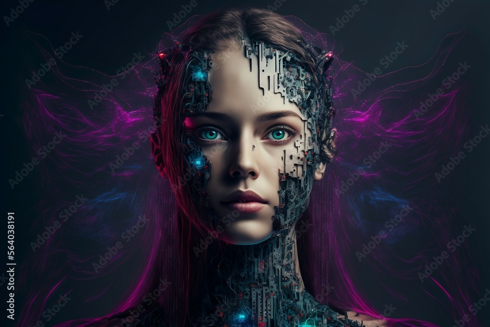A Fictional Character, Cyber Girl with Digital Brain Navigating Neural Network A Fictional Character, Cyber Girl with Digital Brain Navigating Neural Network