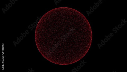 3D red sphere on black background. Object consisting of flickering particles. Science tutorial concept. Abstract backdrop for logo, title, presentation. 3D animation