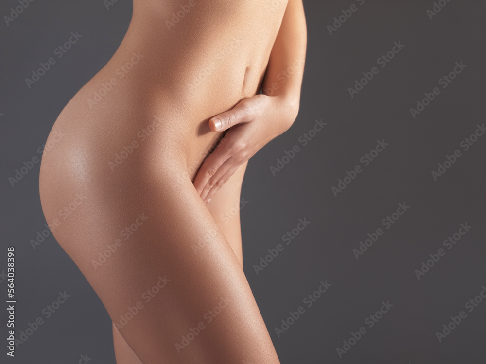 Naked, woman and cosmetics for body, dermatology and natural beauty on grey studio background. Female with nudity, lady and nude with confidence, wellness and stomach with smooth and clear skin Naked, woman and cosmetics for body, dermatology and natural beauty on grey studio background. Female with nudity, lady and nude with confidence, wellness and stomach with smooth and clear skin