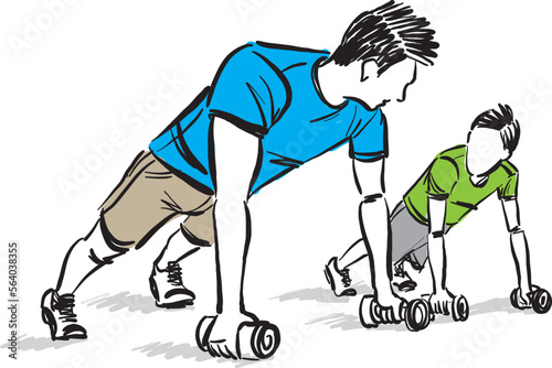 FITNESS MAN AND CHILD WORK OUT GYM VECTOR ILLUSTRATION
