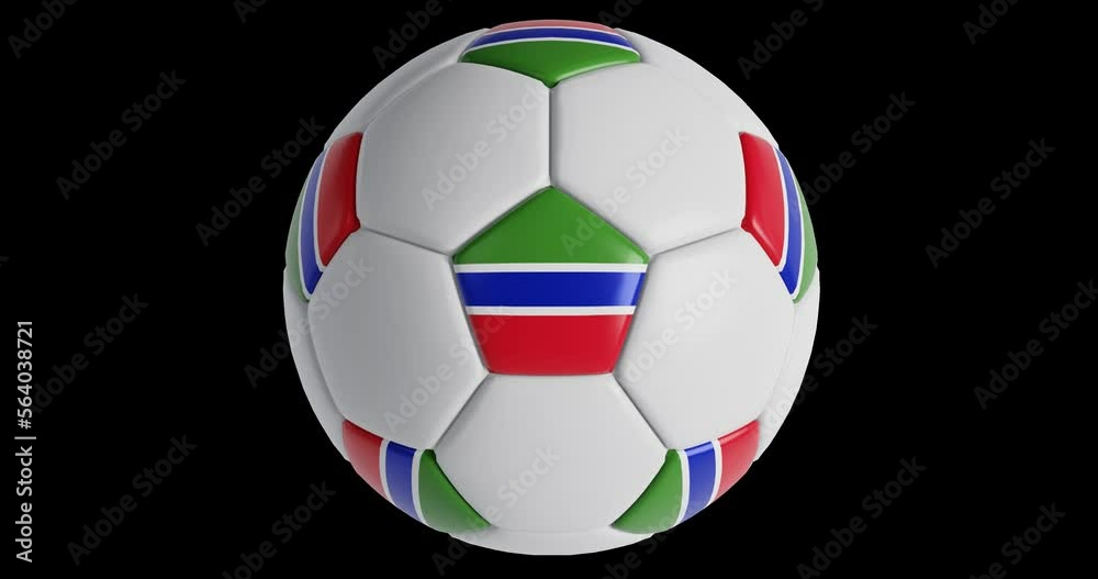 Soccer ball with flag of the Gambia , black background loop alpha Trasparent 3D
