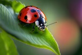  a lady bug sitting on top of a green leaf on a sunny day with a blurry background of leaves and a blurry background of a blurry background of a green leaf with a. Generative AI