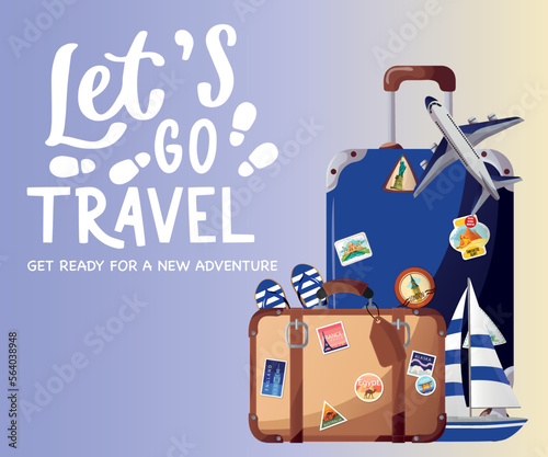 Let's go travel vector design. Let's go trave text in empty space with traveling elements like luggage, bags, slipper, boat and aircraft in blue background. Vector illustration