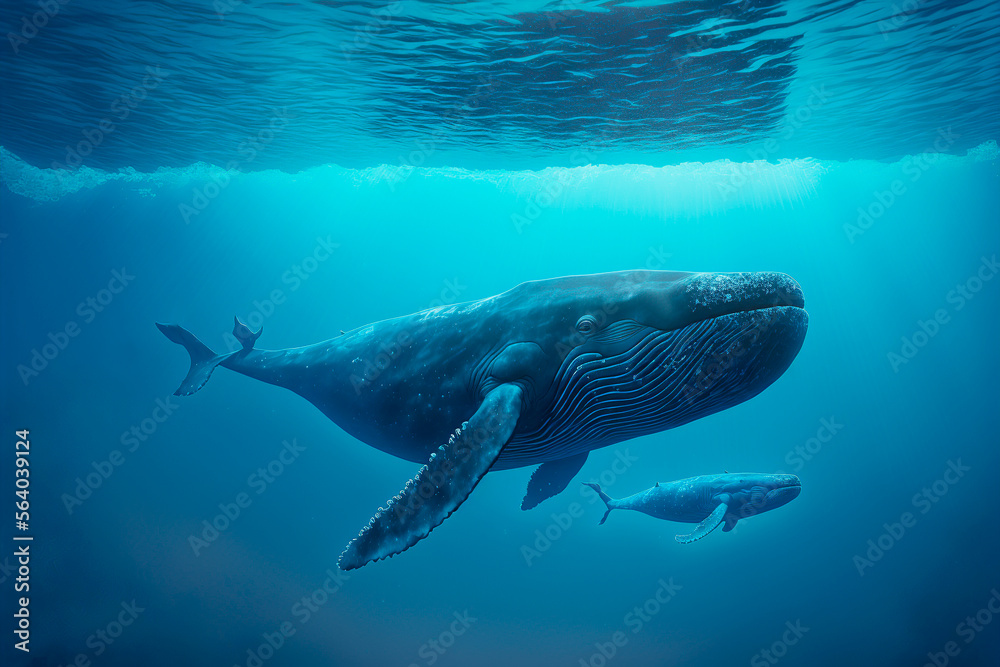 Great blue whale with a baby whale. The concept of the World Whale Day and protection of marine animals. Generative AI