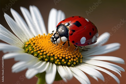  a lady bug sitting on top of a white flower with yellow petals on it's head and a black spot on its back end of the head, on a white flower with yellow petals. Generative AI