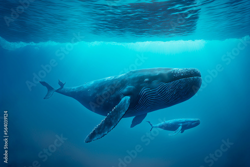 Great blue whale with a baby whale. The concept of the World Whale Day and protection of marine animals. Generative AI © Сергей Кураженко