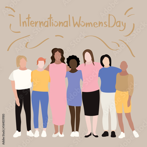 Group of different women and text INTERNATIONAL WOMEN'S DAY on grey background