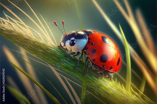  a lady bug sitting on top of a green plant with lots of leaves on it's back legs and legs, with a red and black spot on its back end, with black spots. Generative AI